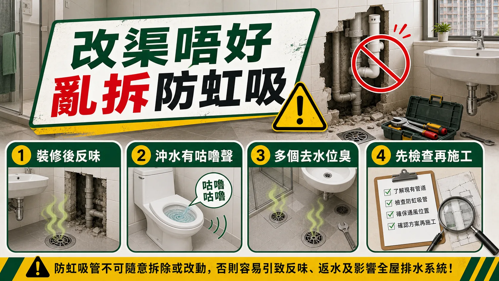 裝修改渠不要隨意拆除或改動防虹吸管,否則可能引致反味、咕嚕聲和多個去水位臭