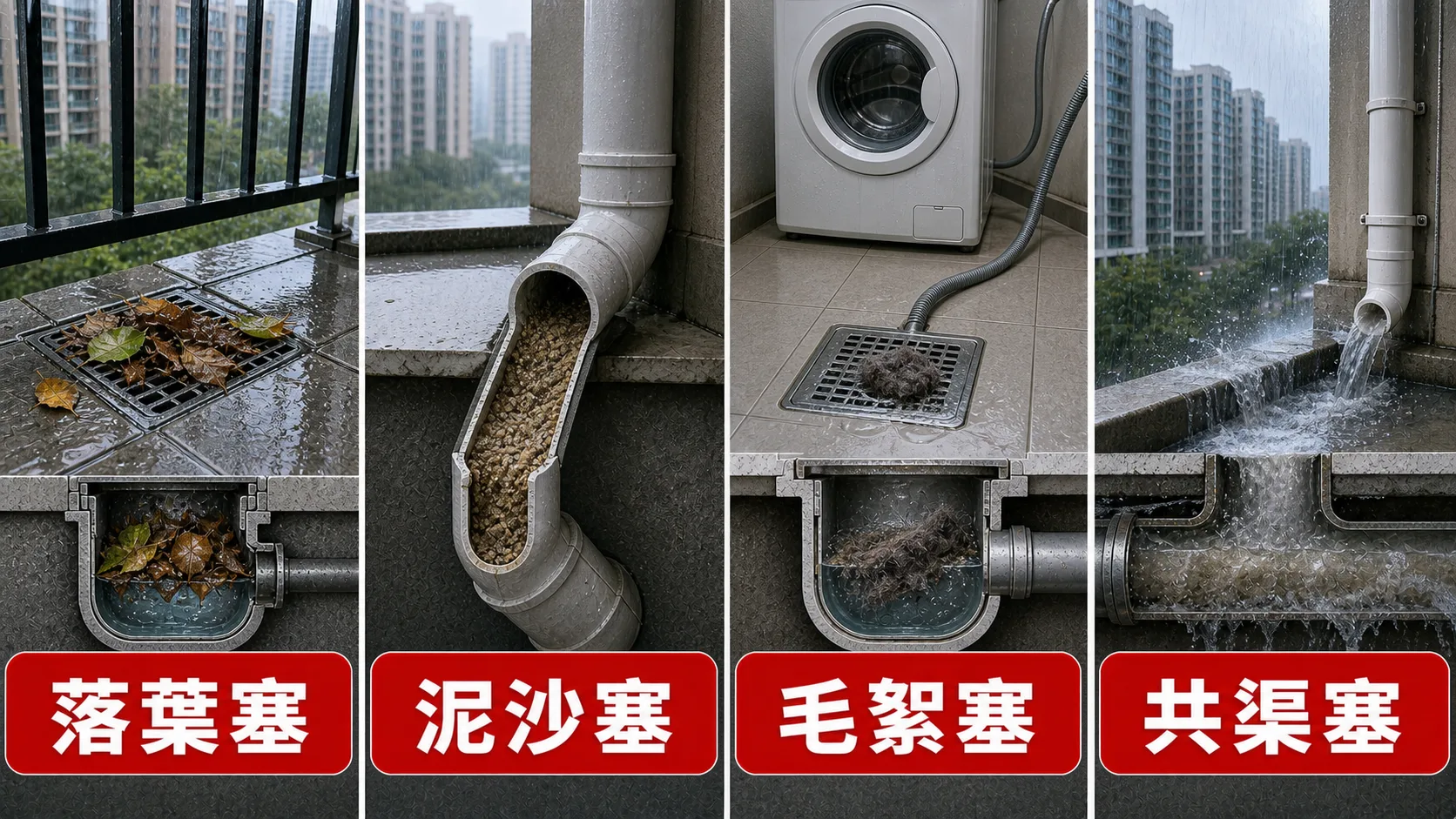 露台去水塞四個常見原因：落葉塞、泥沙塞、毛絮塞、共渠塞