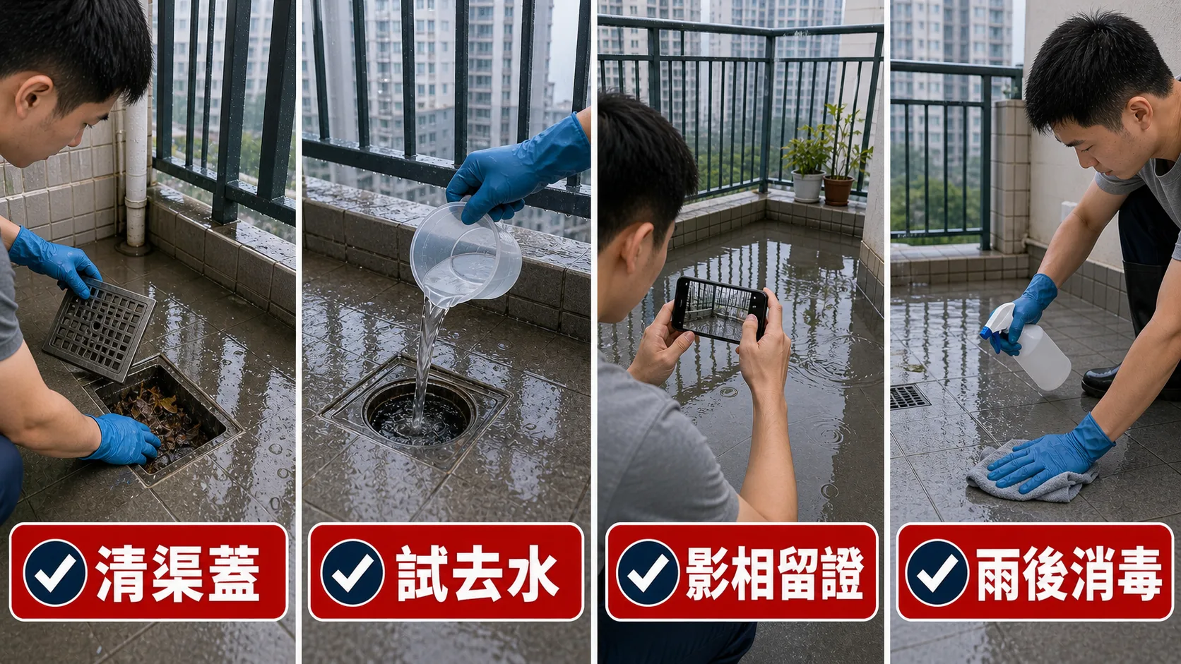 露台去水塞雨中雨後四步：清渠蓋、試去水、影相留證、雨後消毒
