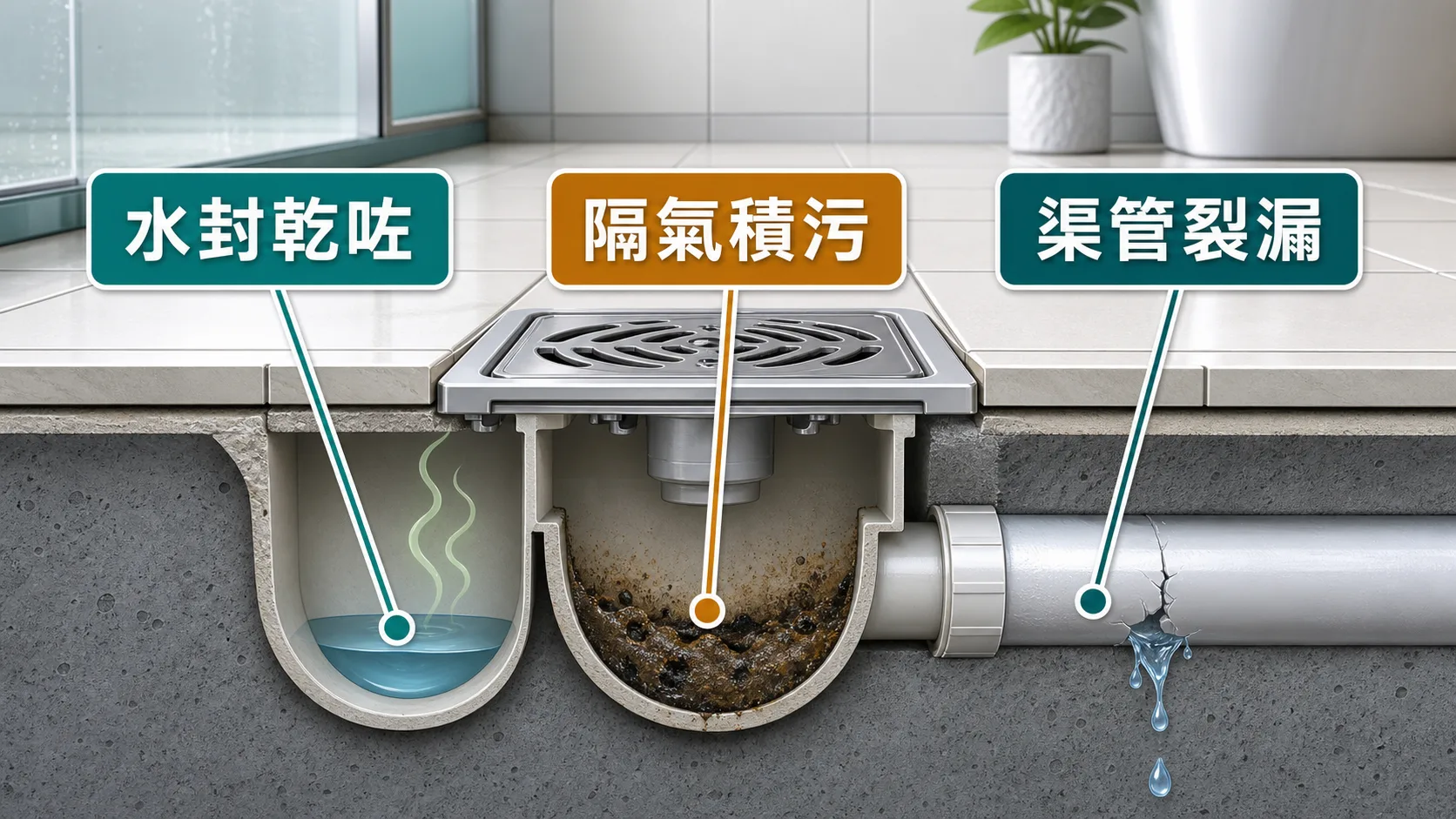 廁所臭渠味常見原因：水封乾咗、隔氣積污、渠管裂漏