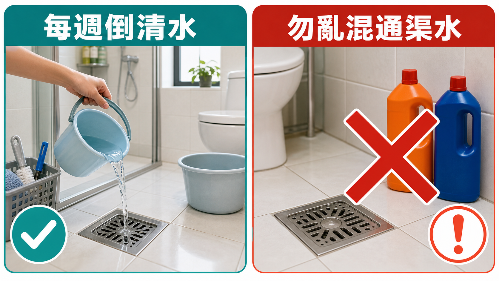 預防浴室去水口反味：每週倒清水，勿亂混通渠水