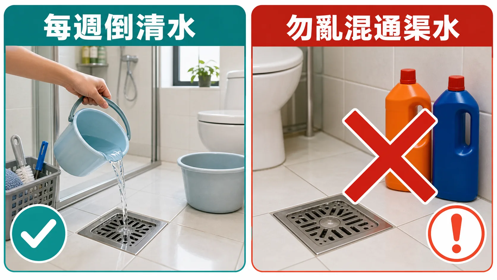 預防浴室去水口反味：每週倒清水，勿亂混通渠水