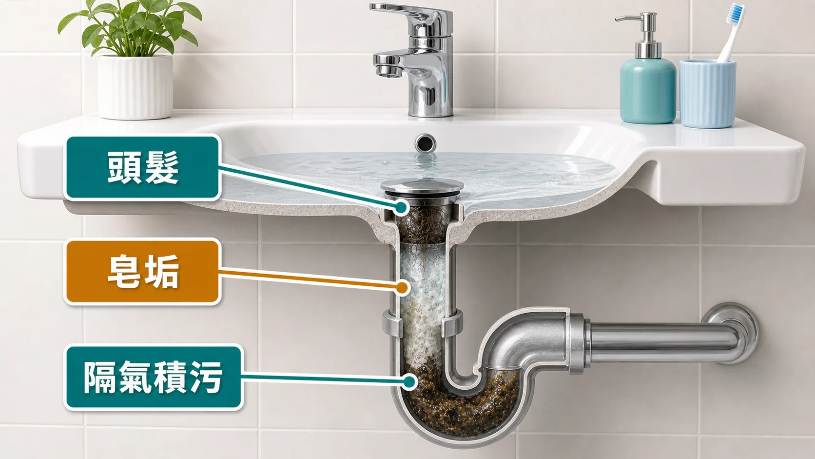 洗手盆去水慢常見原因:頭髮、皂垢、隔氣積污