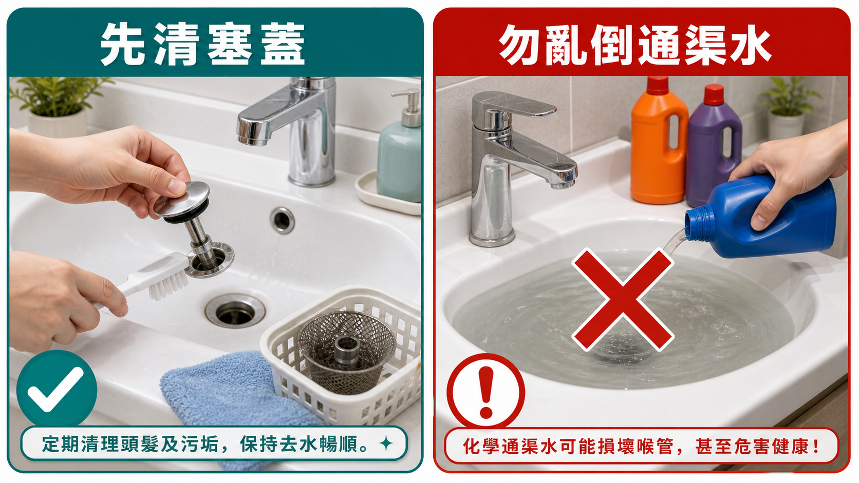 洗手盆去水慢處理：先清塞蓋，勿亂倒通渠水