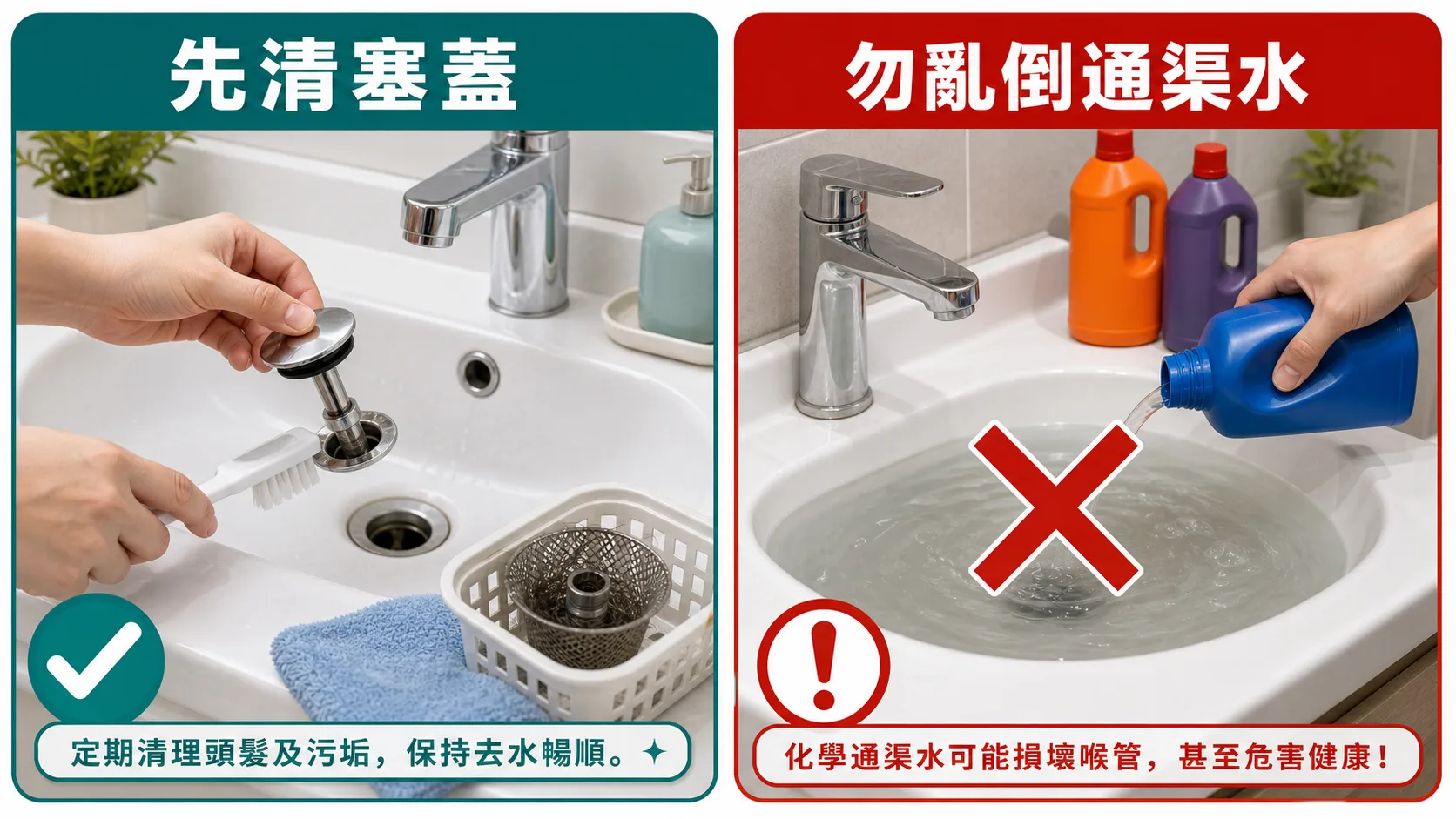 洗手盆去水慢處理:先清塞蓋,勿亂倒通渠水