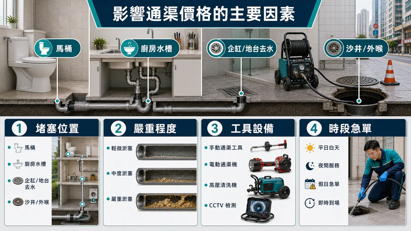 影響香港通渠價格的主要因素包括堵塞位置、嚴重程度、工具設備和時段急單