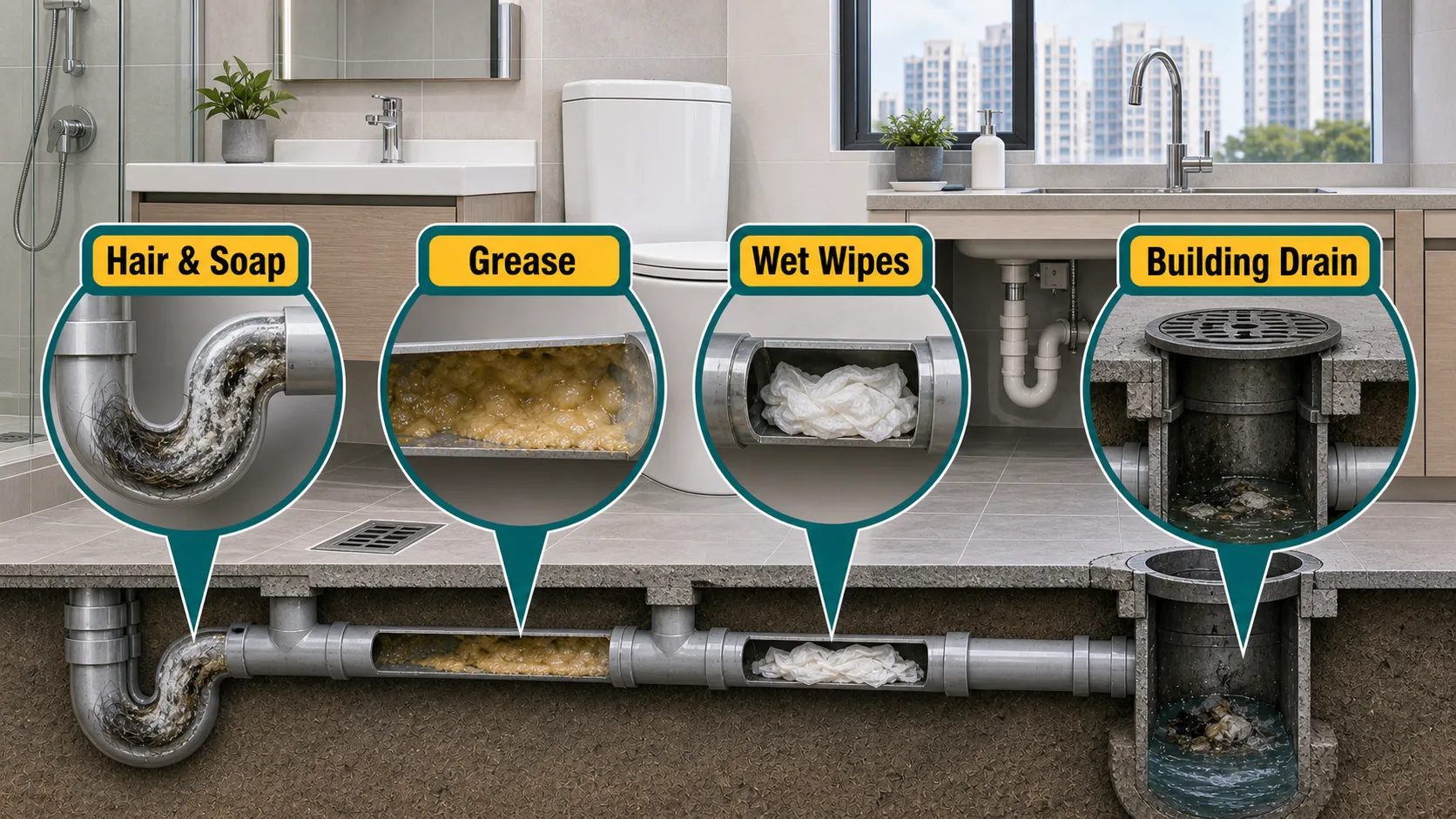 Common blocked drain causes in Hong Kong flats: hair and soap, grease, wet wipes, and building drain issues