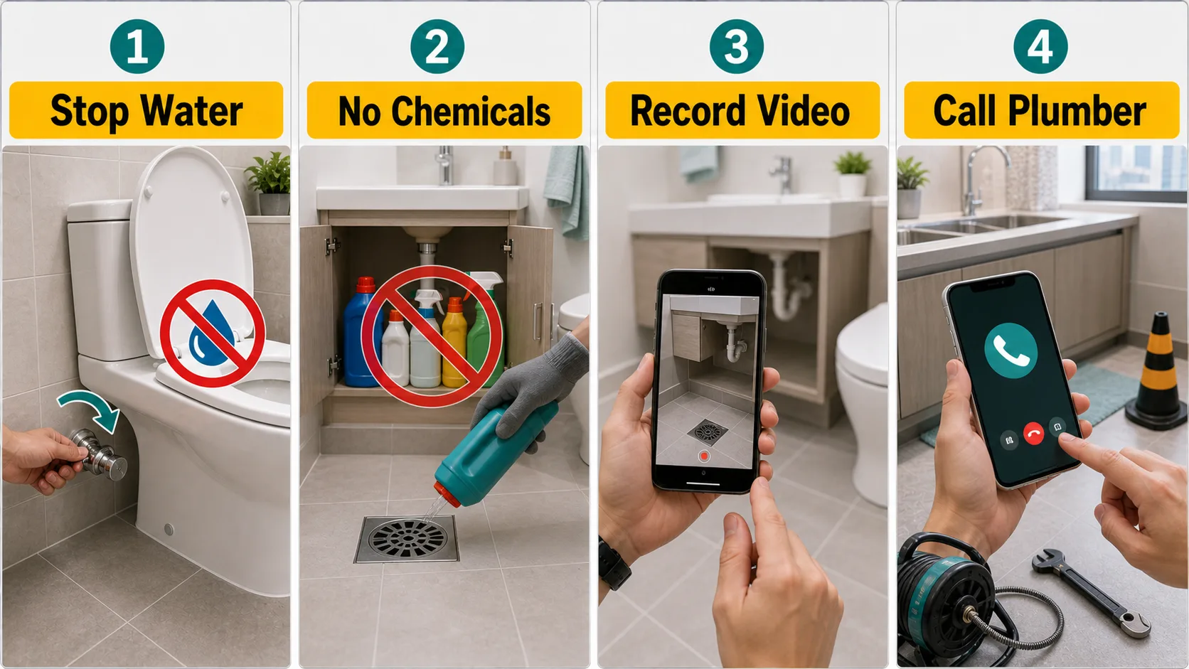 Blocked drain first steps: stop water, no chemicals, record video, call plumber
