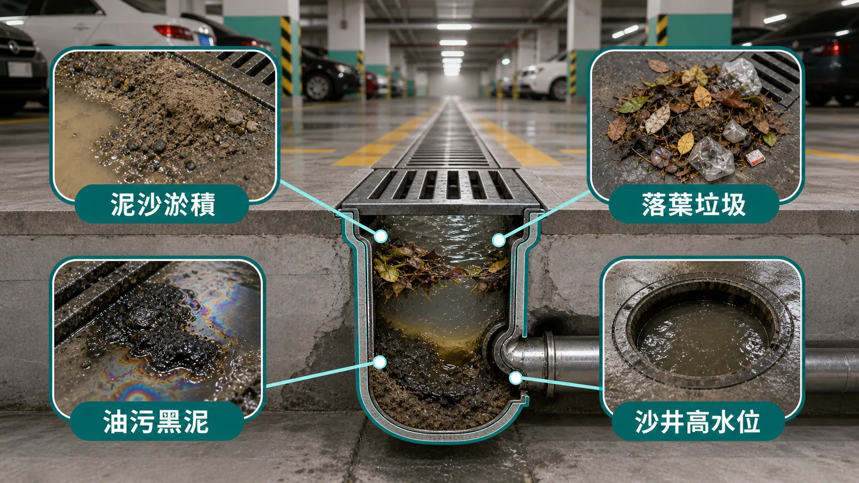 停車場地渠塞四個常見原因:泥沙淤積、落葉垃圾、油污黑泥、沙井高水位