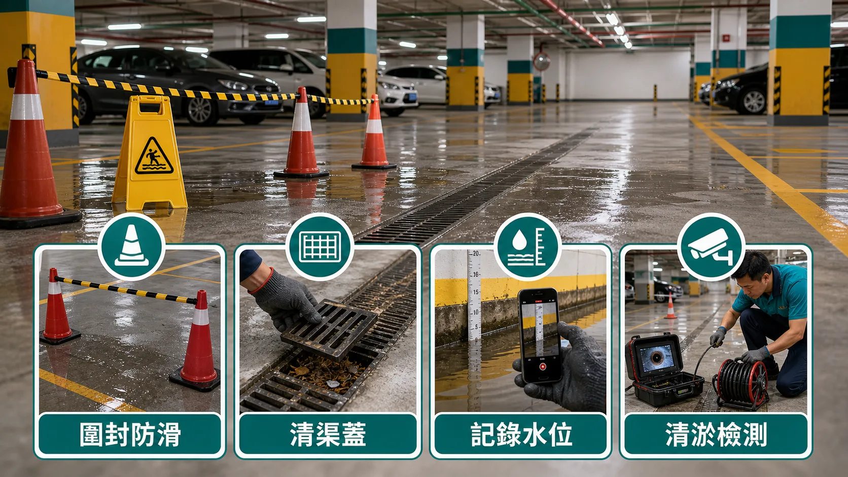 停車場地渠塞現場處理四步:圍封防滑、清渠蓋、記錄水位、清淤檢測