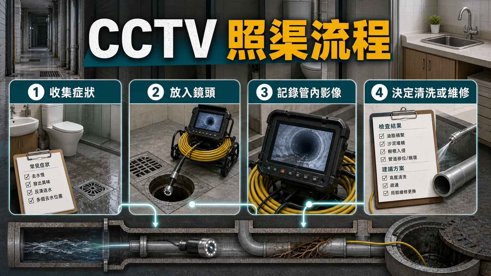 CCTV照渠流程包括收集症狀、放入鏡頭、記錄管內影像、決定清洗或維修