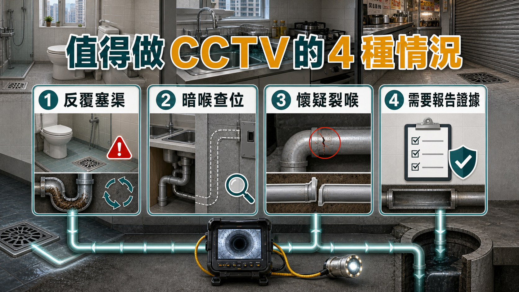 值得做CCTV的四種情況包括反覆塞渠、暗喉查位、懷疑裂喉和需要報告證據