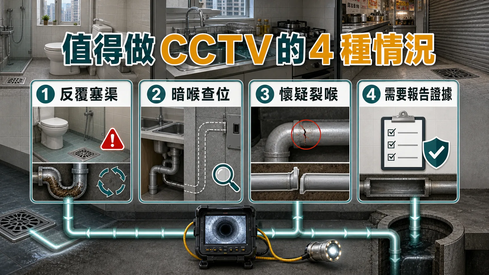 值得做CCTV的四種情況包括反覆塞渠、暗喉查位、懷疑裂喉和需要報告證據