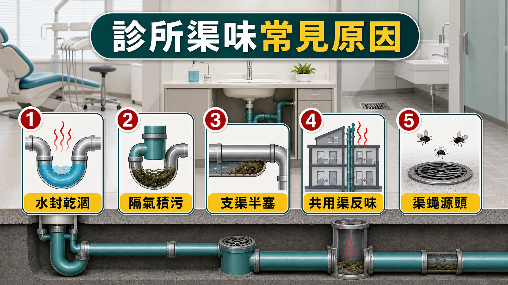 診所牙科診所洗手盆渠味常見原因包括水封乾涸、隔氣積污、支渠半塞、共用渠反味和渠蠅源頭