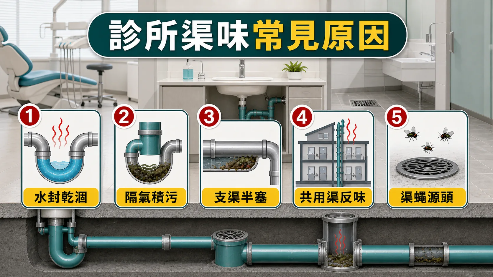 診所及牙科洗手盆渠味常見原因包括水封乾涸、隔氣積污、支渠半塞、共用渠反味和渠蠅源頭
