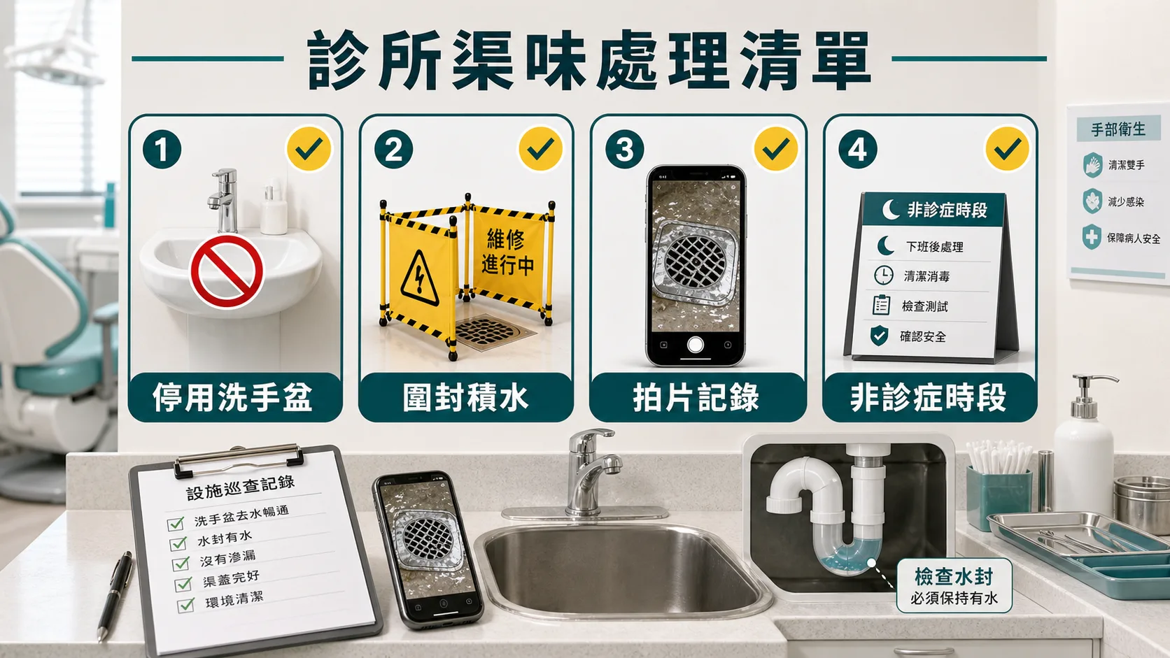 診所渠味處理清單包括停用洗手盆、圍封積水、拍片記錄和安排非診症時段檢查