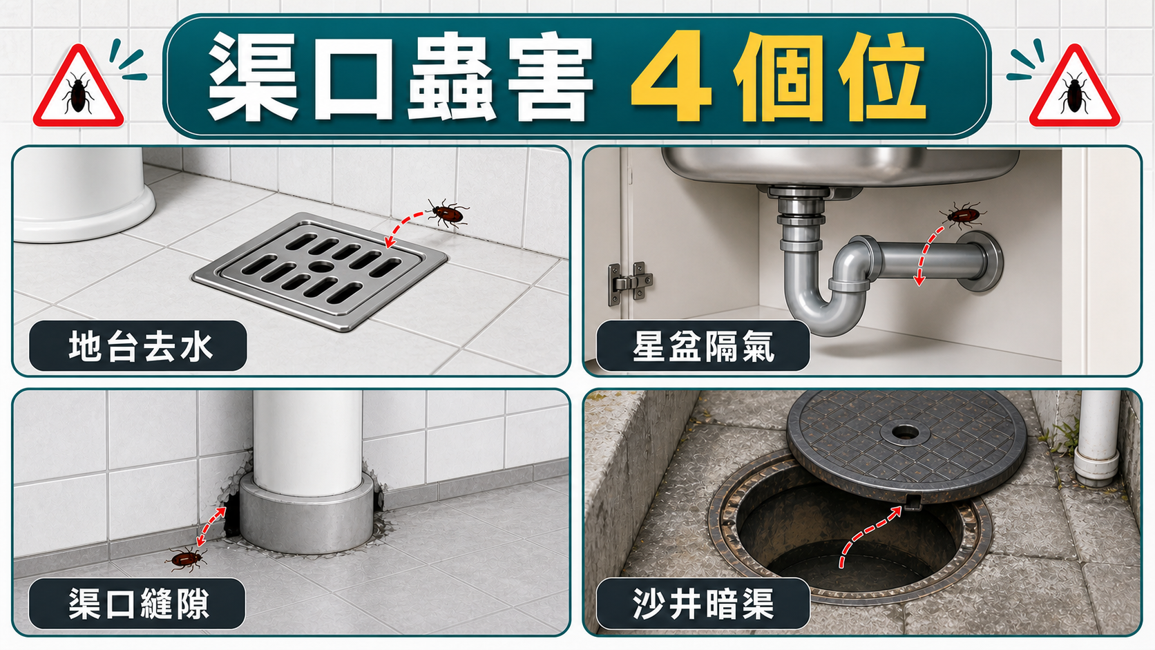 曱甴和渠口蟲害常見出入口包括地台去水、星盆隔氣、渠口縫隙和沙井暗渠