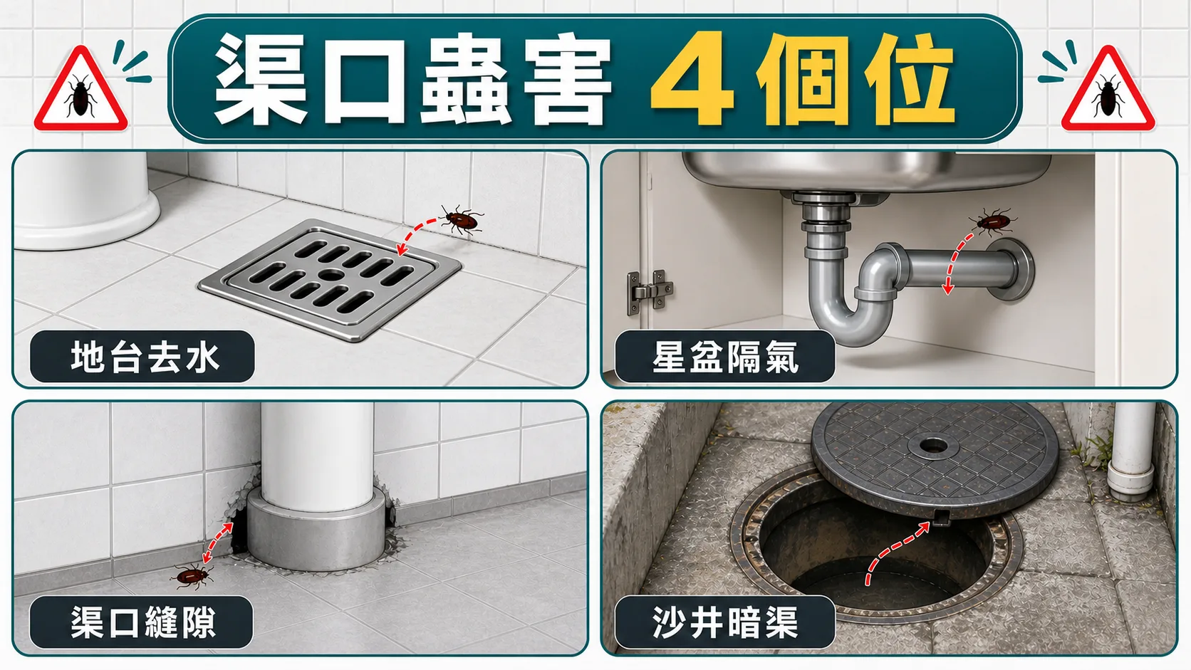 曱甴和渠口蟲害常見出入口包括地台去水、星盆隔氣、渠口縫隙和沙井暗渠