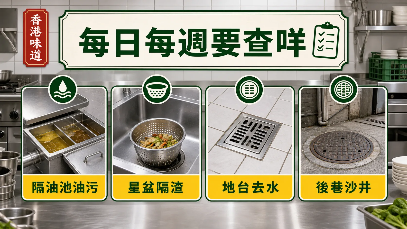 餐廳廚房渠道每日每週要查：隔油池油污、星盆隔渣、地台去水、後巷沙井
