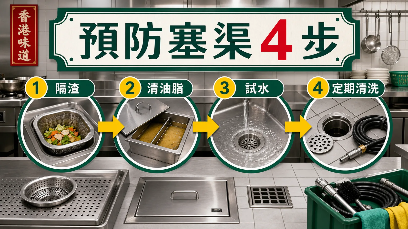 餐廳預防塞渠四步：隔渣、清油脂、試水、定期清洗
