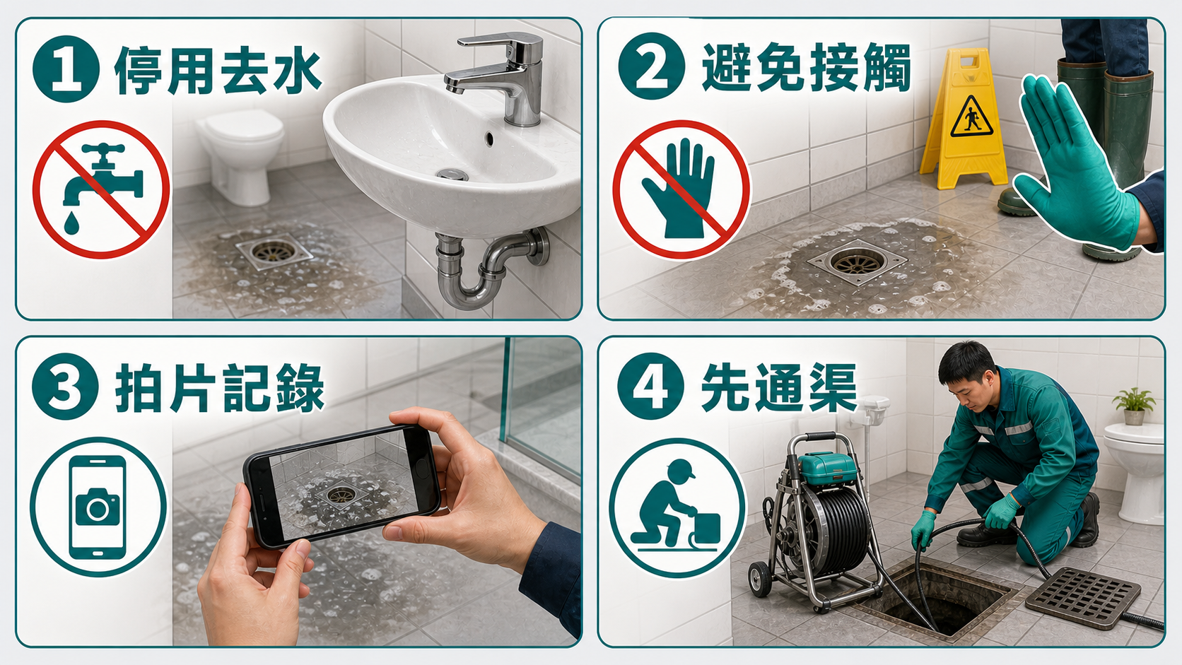 污水倒灌後即時處理：停用去水、避免接觸、拍片記錄、先通渠