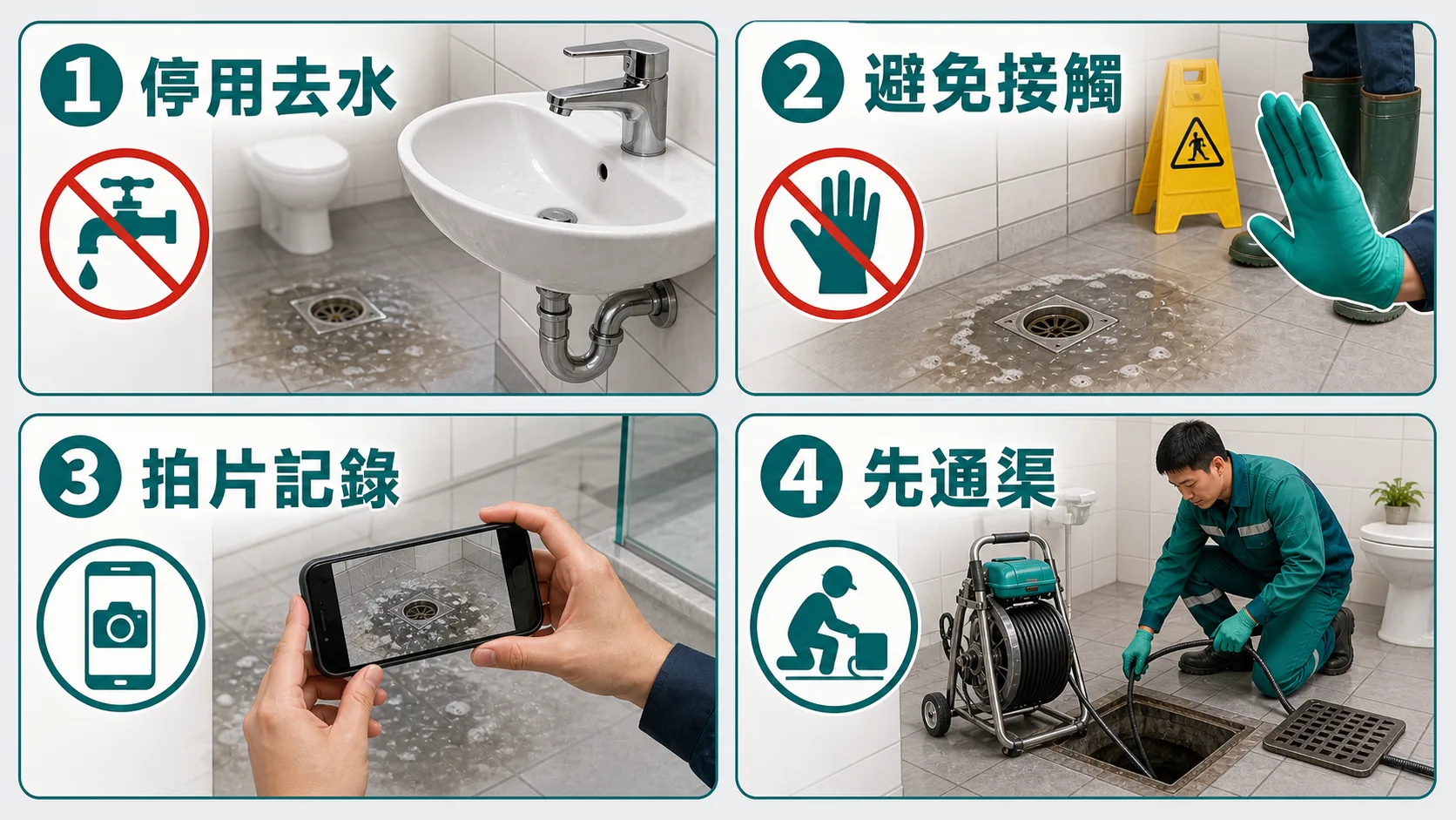 污水倒灌後即時處理：停用去水、避免接觸、拍片記錄、先通渠