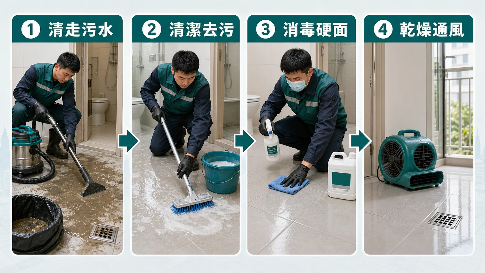 污水倒灌後清潔消毒流程：清走污水、清潔去污、消毒硬面、乾燥通風