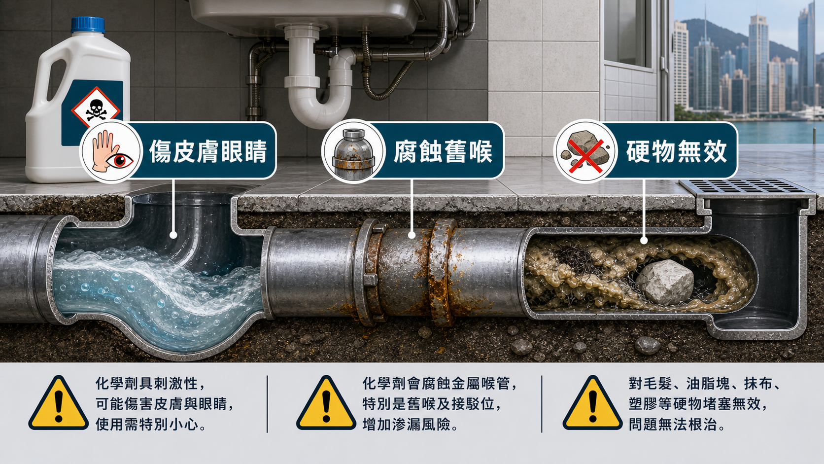 通渠水風險包括傷皮膚眼睛、腐蝕舊喉和對硬物堵塞無效