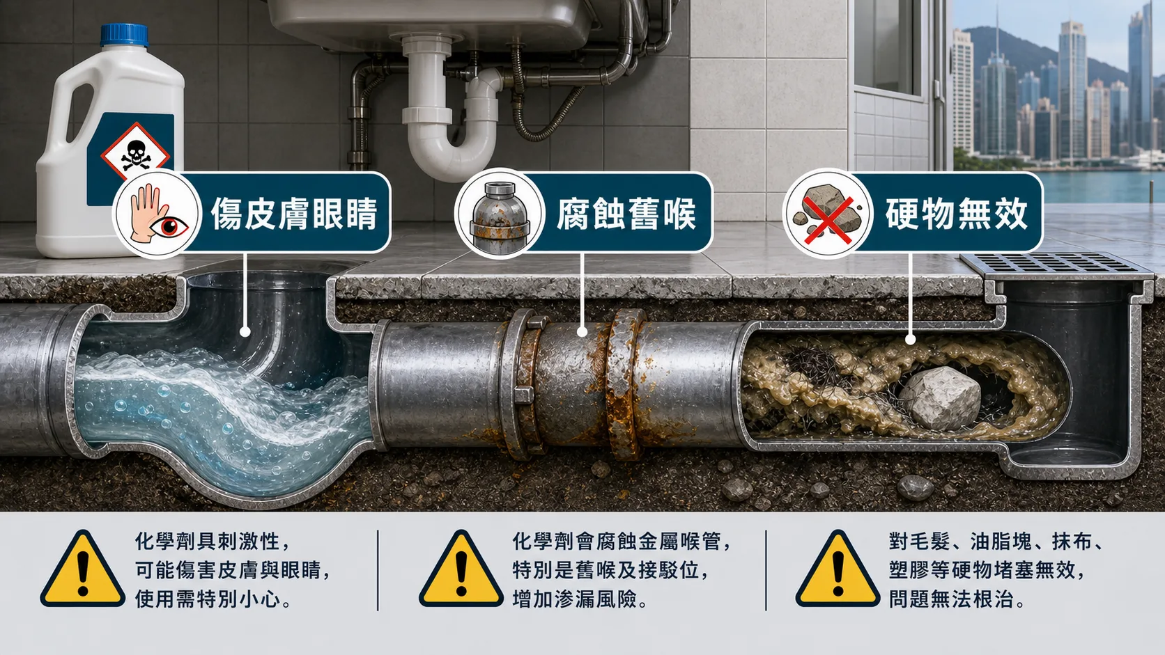 通渠水風險包括傷皮膚眼睛、腐蝕舊喉和對硬物堵塞無效