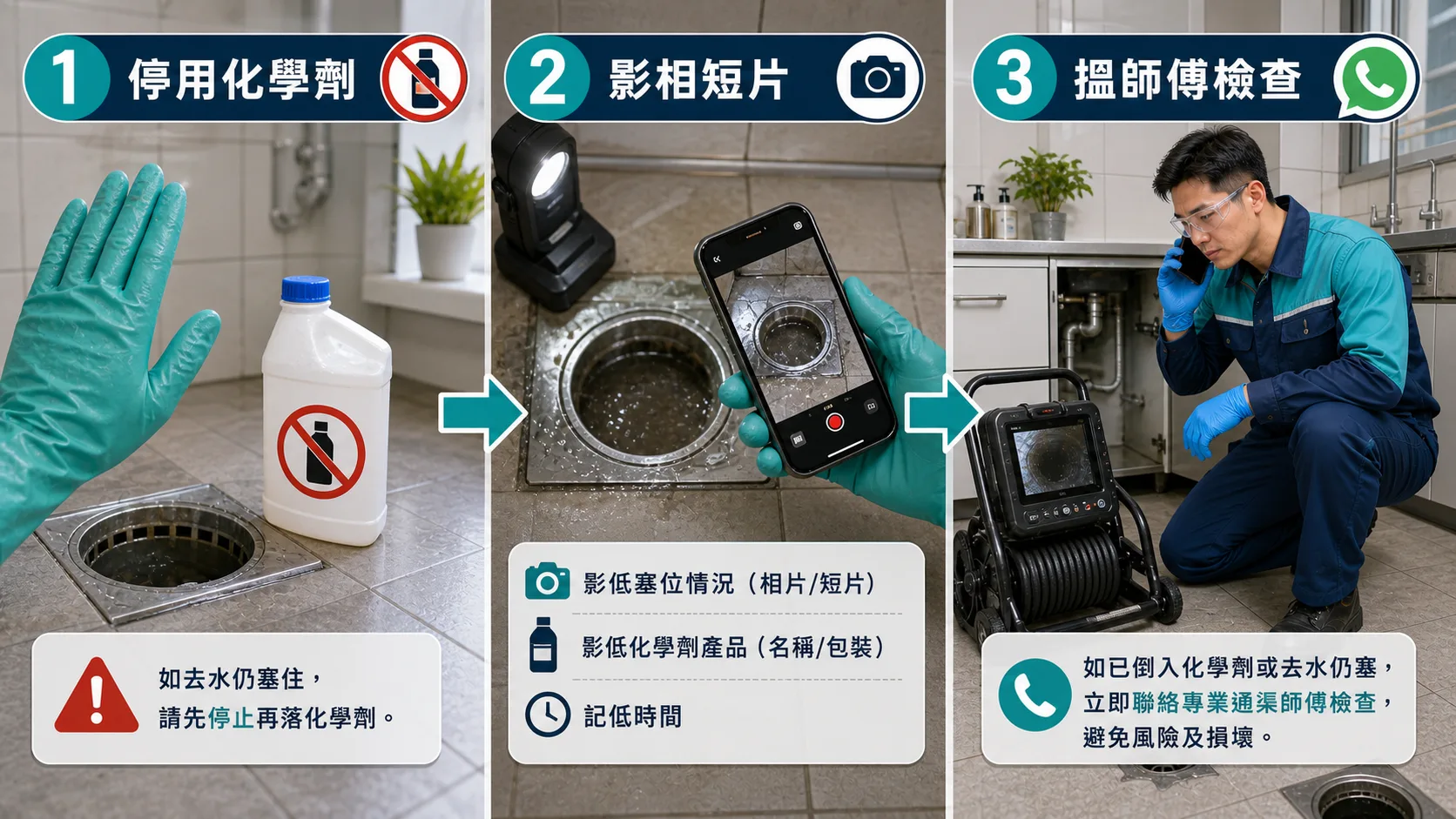倒了通渠水仍然不通時，應停用化學劑、影相短片並搵師傅檢查