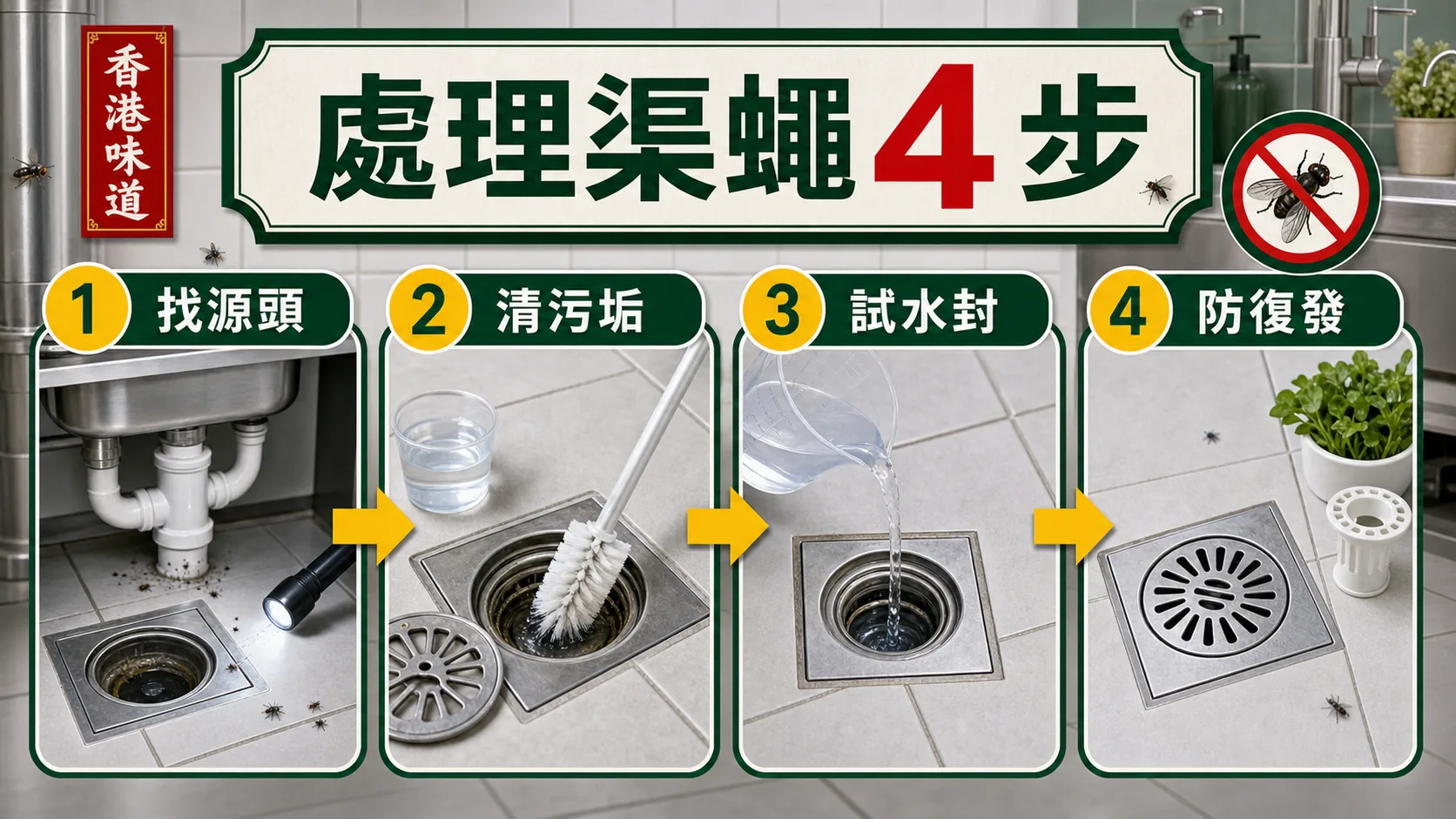 處理渠蠅四步：找源頭、清污垢、試水封、防復發