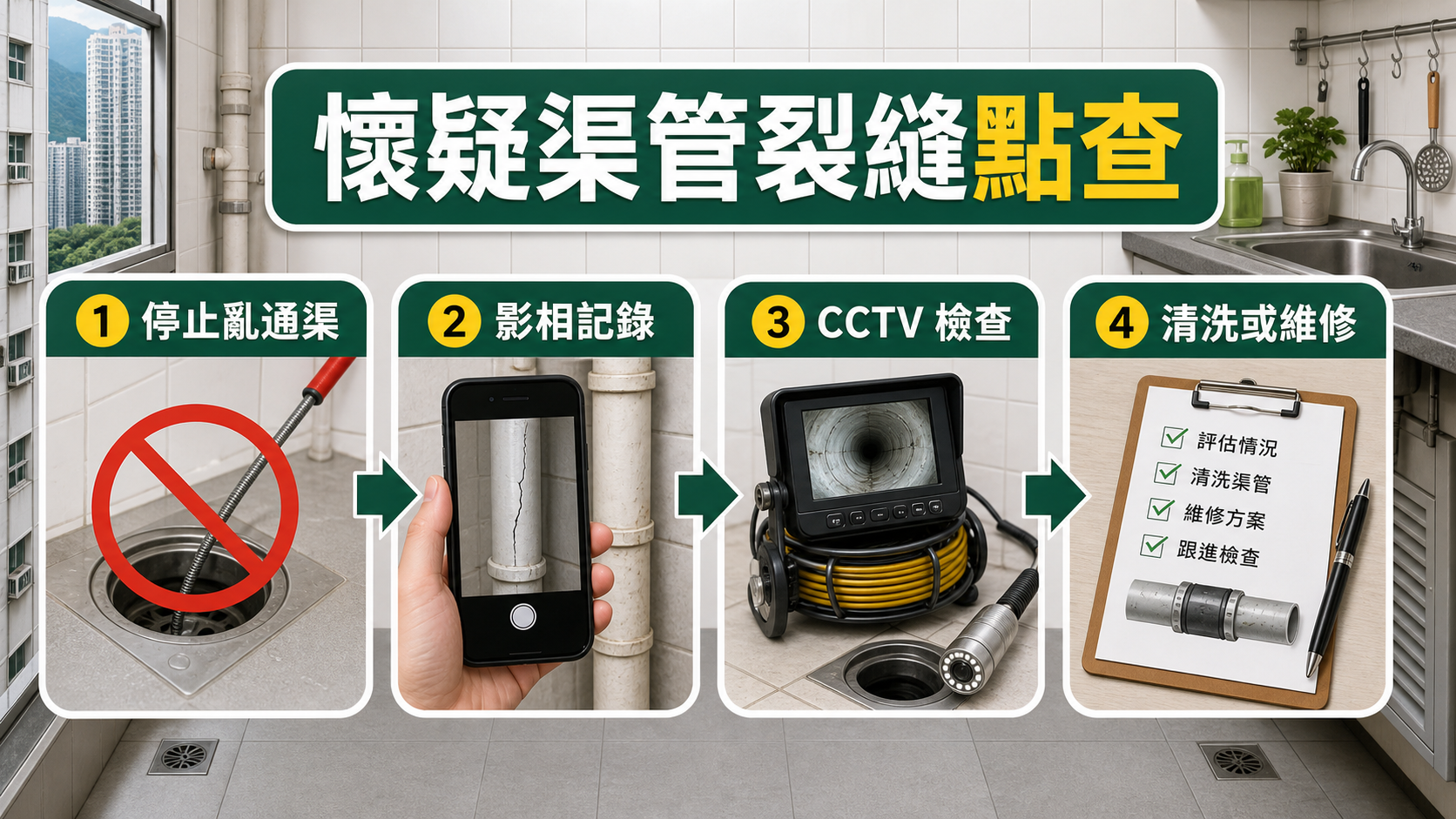 懷疑渠管裂縫的檢查流程包括停止亂通渠、影相記錄、CCTV檢查、清洗或維修