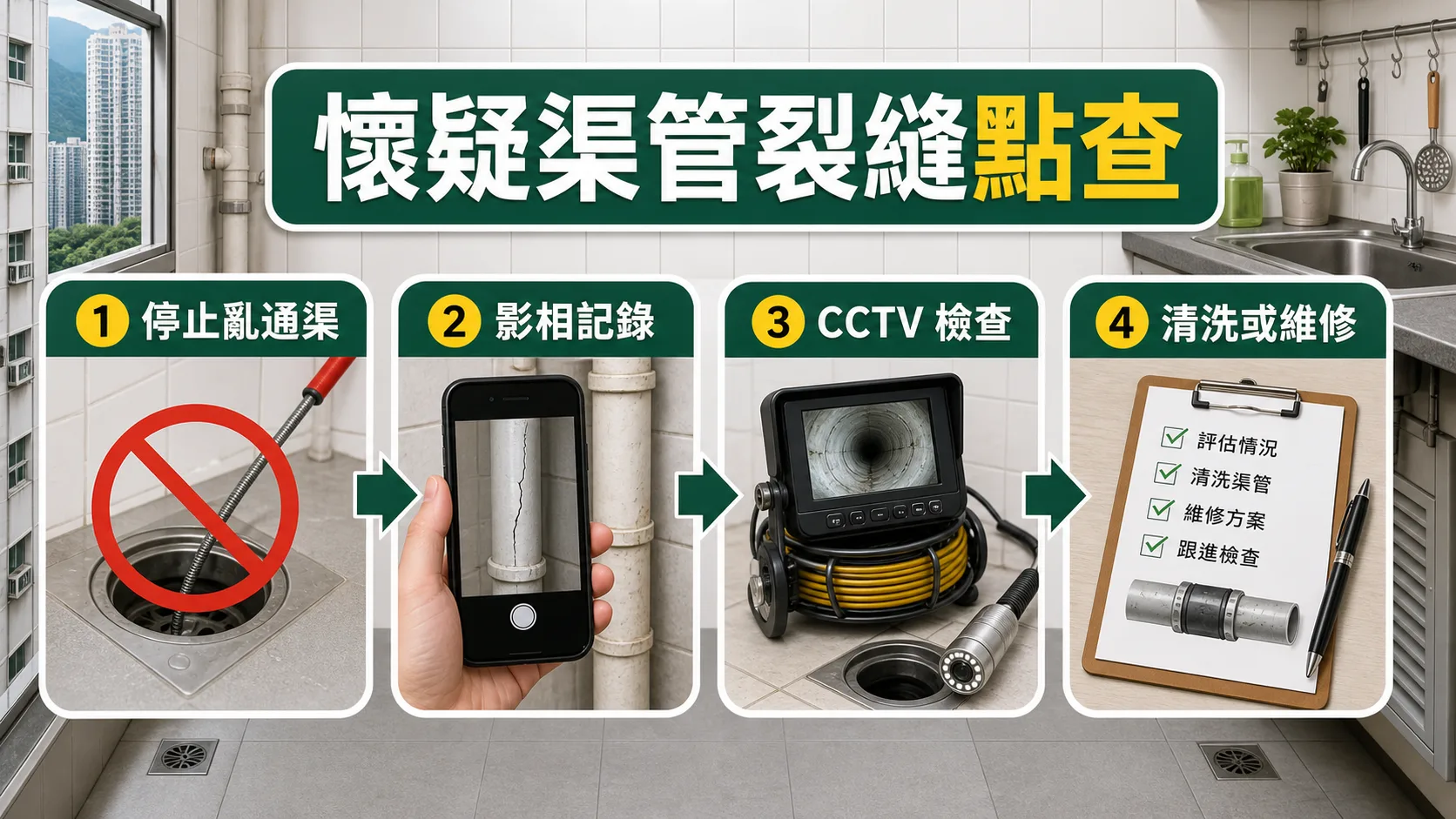 懷疑渠管裂縫的檢查流程包括停止亂通渠、影相記錄、CCTV檢查、清洗或維修