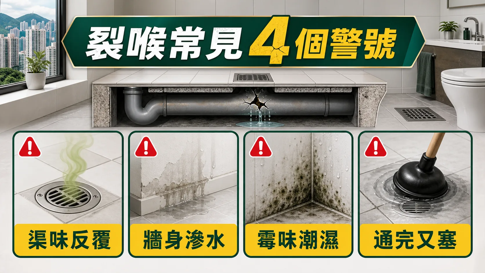 裂喉常見四個警號包括渠味反覆、牆身滲水、霉味潮濕和通完又塞