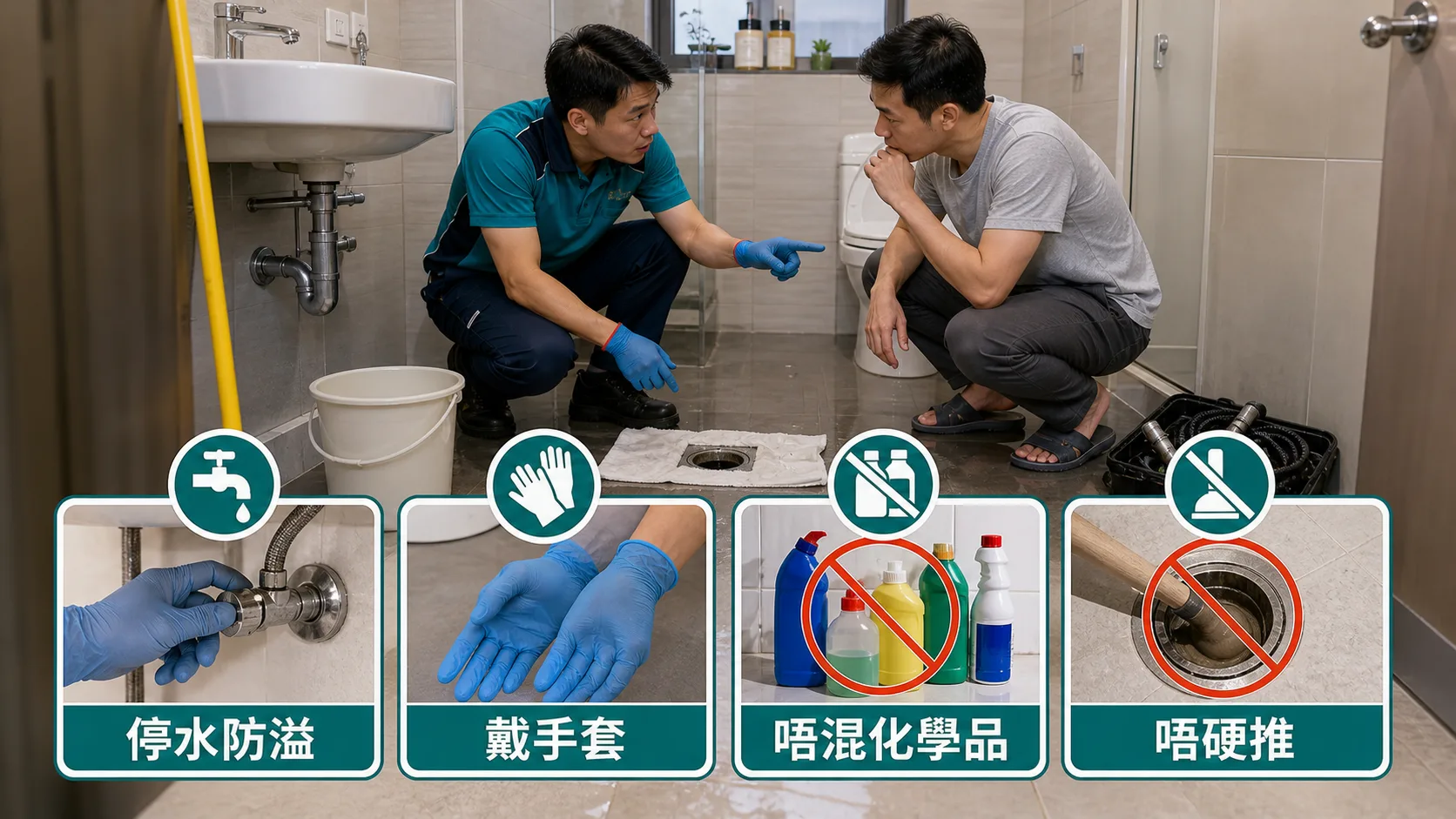 通渠神器使用前安全檢查：停水防溢、戴手套、唔混化學品、唔硬推