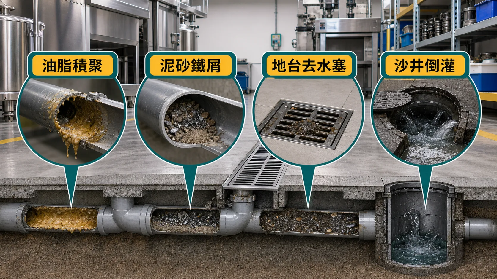 工廠渠塞四個常見原因：油脂積聚、泥砂鐵屑、地台去水塞、沙井倒灌