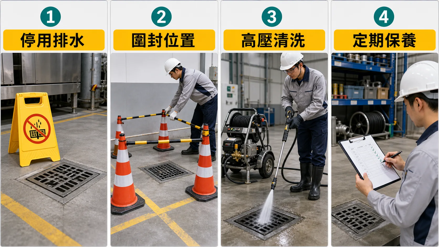 工廠渠塞處理流程：停用排水、圍封位置、高壓清洗、定期保養