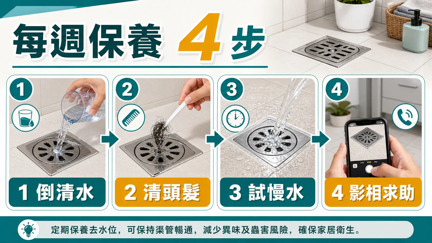 每週保養去水位四步:倒清水、清頭髮、試慢水、影相求助