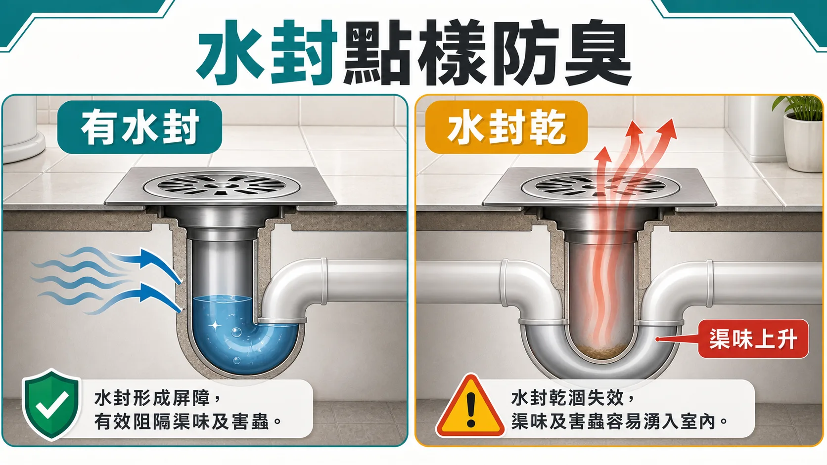 水封如何阻隔渠味:有水封時阻隔臭氣,水封乾涸時渠味上升