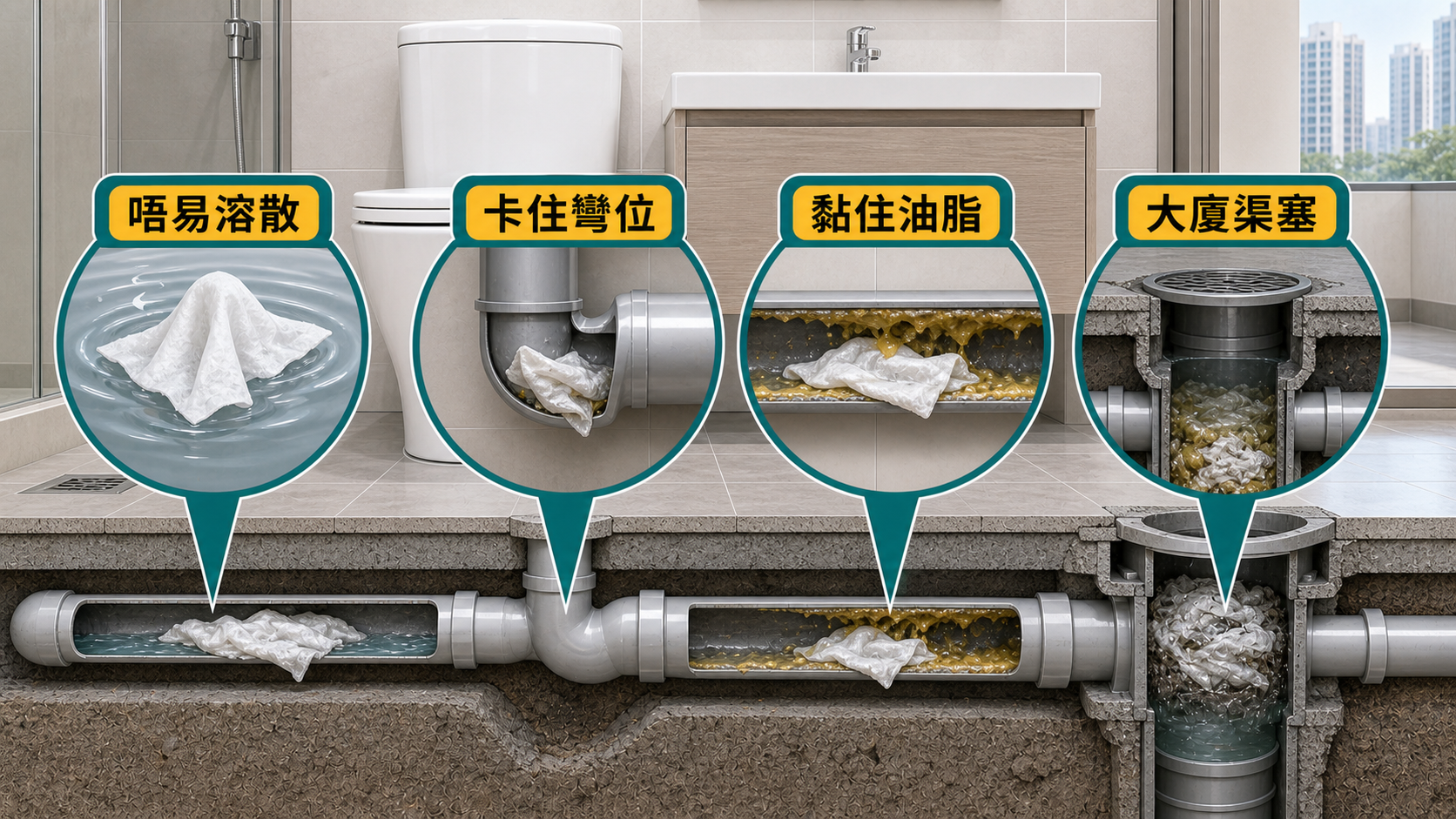 濕紙巾塞渠四個原因:唔易溶散、卡住彎位、黏住油脂、大廈渠塞