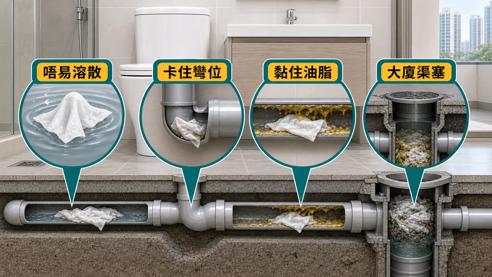 濕紙巾塞渠四個原因:唔易溶散、卡住彎位、黏住油脂、大廈渠塞