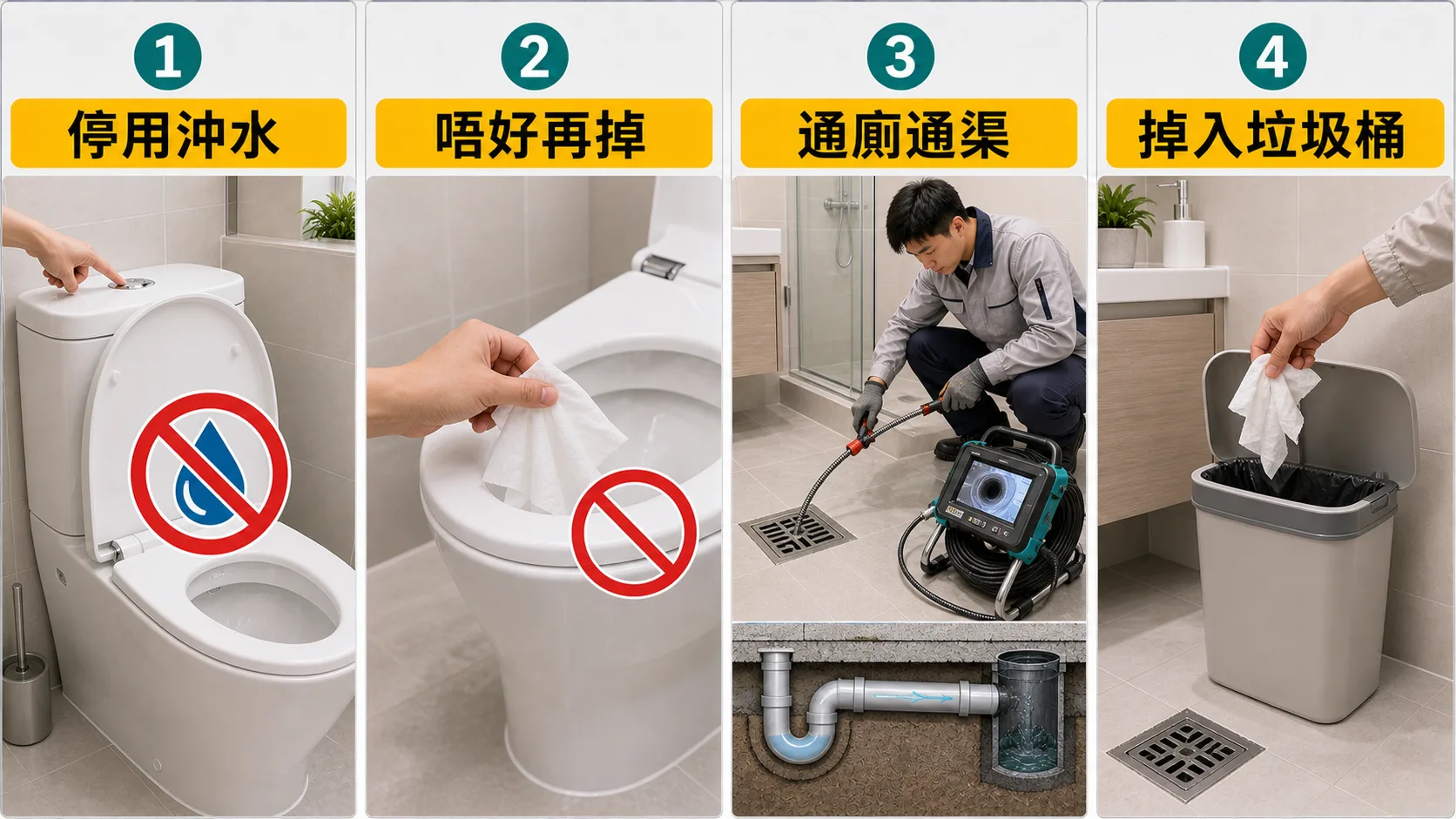 濕紙巾塞廁所處理流程:停用沖水、唔好再掉、通廁通渠、掉入垃圾桶