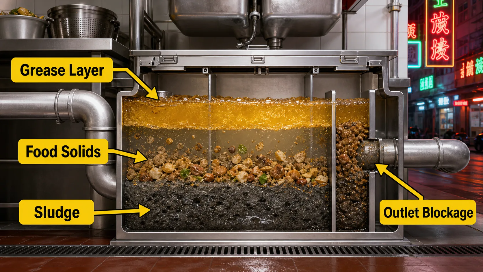 Grease trap cutaway showing grease layer, food solids, sludge and outlet blockage in a Hong Kong restaurant kitchen
