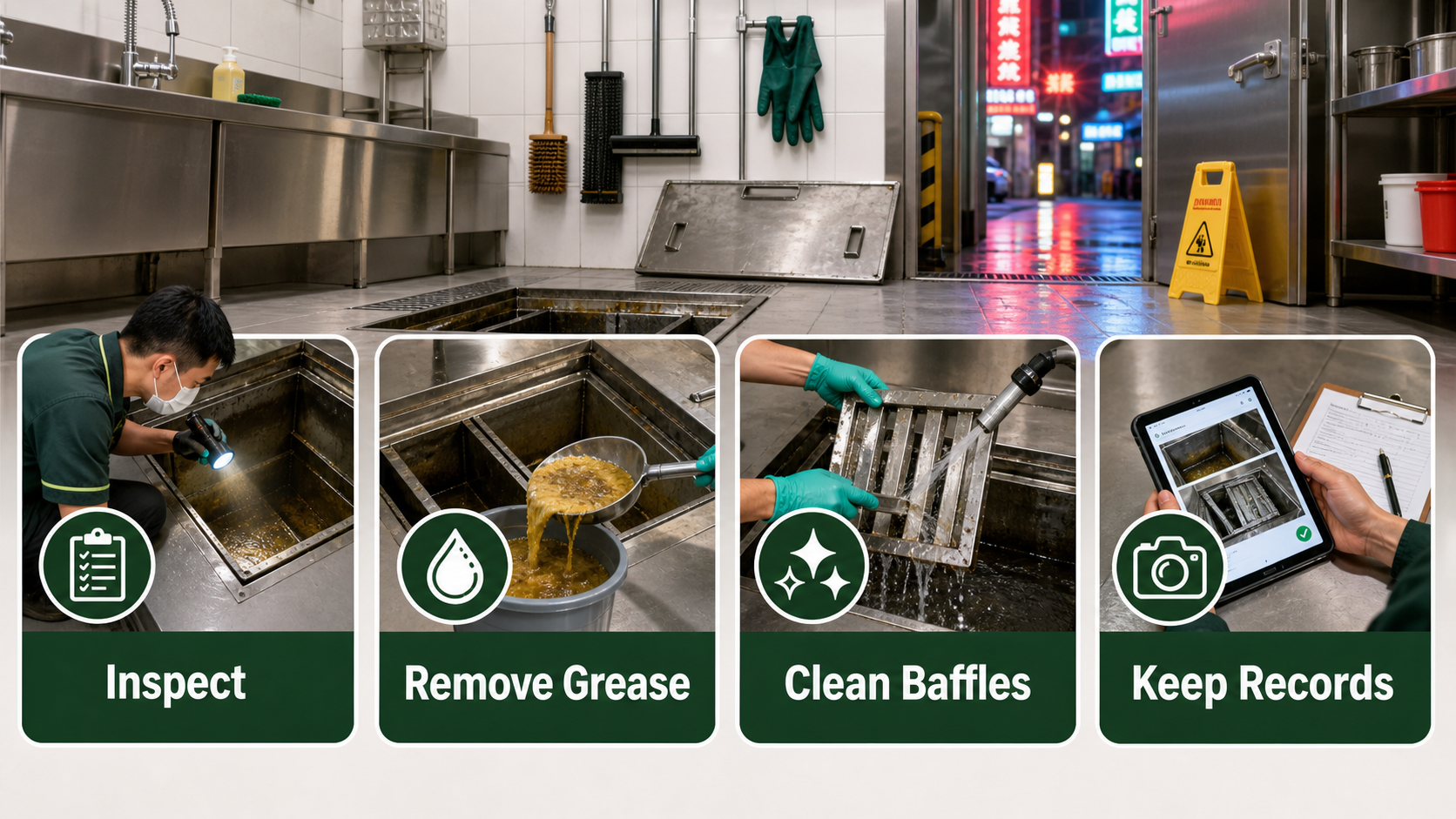 Grease trap cleaning workflow checklist for Hong Kong restaurants: inspect, remove grease, clean baffles and keep records