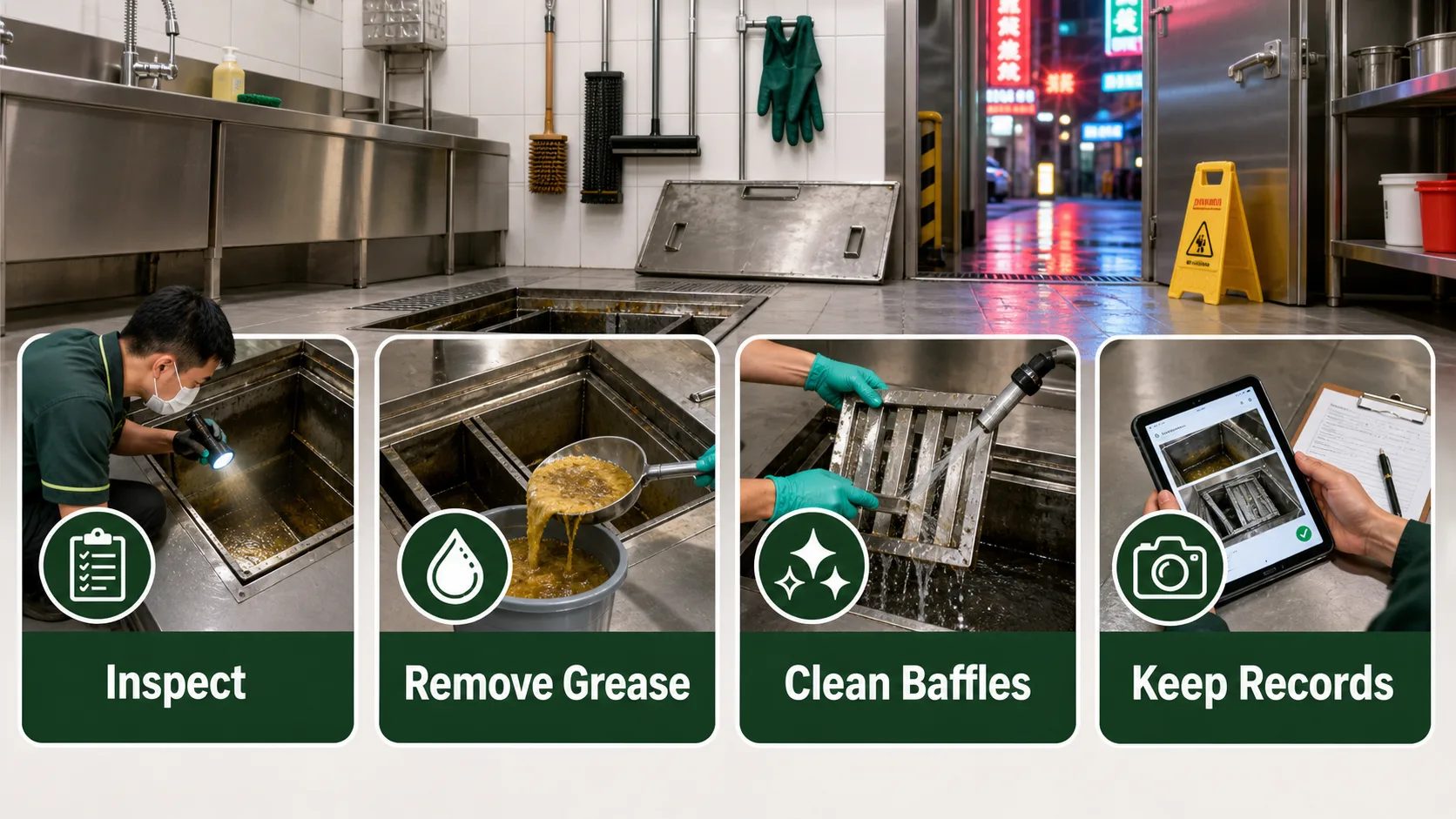 Grease trap cleaning workflow checklist for Hong Kong restaurants: inspect, remove grease, clean baffles and keep records
