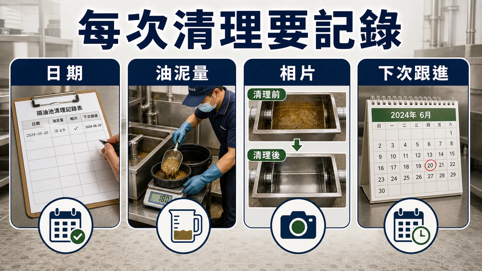 隔油池每次清理要記錄日期、油泥量、相片、下次跟進