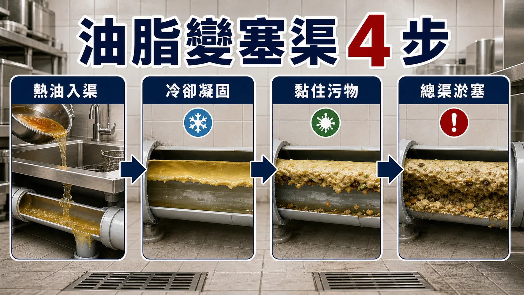 油脂變塞渠四步：熱油入渠、冷卻凝固、黏住污物、總渠淤塞