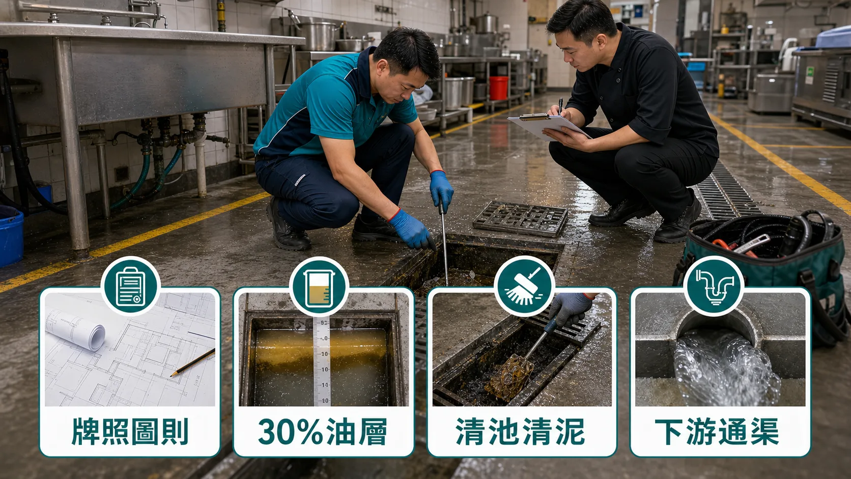 隔油池營運檢查清單：牌照圖則、30%油層、清池清泥、下游通渠