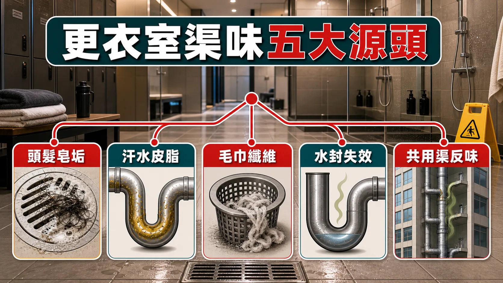 健身室淋浴間地渠臭味常見原因包括頭髮皂垢、汗水皮脂、毛巾纖維、水封失效和共用渠反味