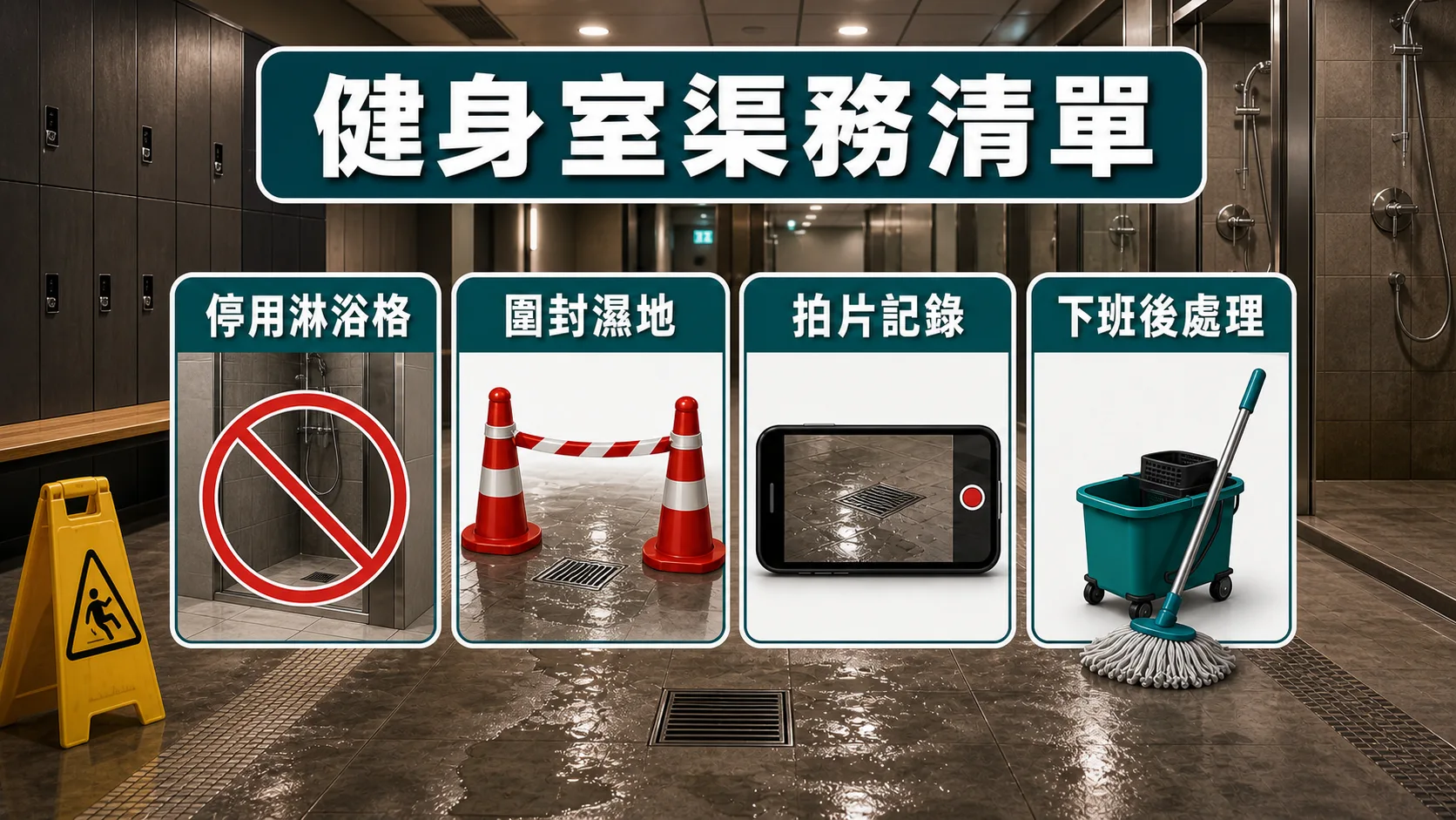 健身室淋浴間渠務清單包括停用淋浴格、圍封濕地、拍片記錄和下班後處理